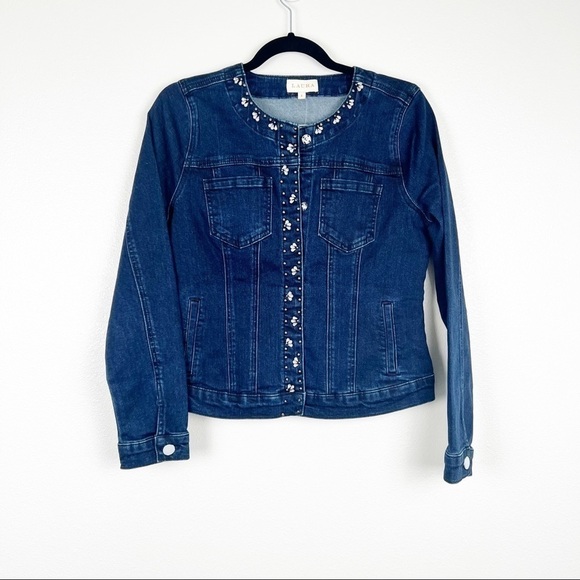 Laura Tops - Laura Embellished Jewel Denim Top Blue Snap Front Jacket Sz 4